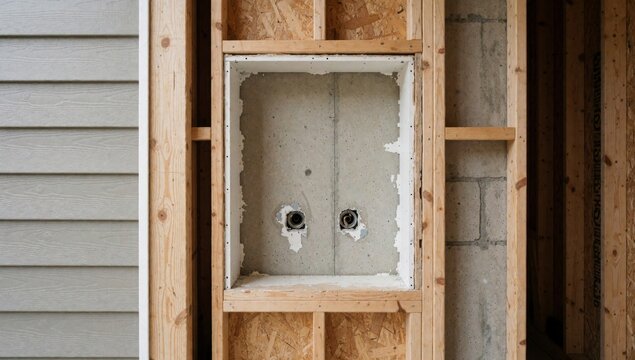 Close-up wooden frame corner room construction made light-colored wood appears process built inside there rect
