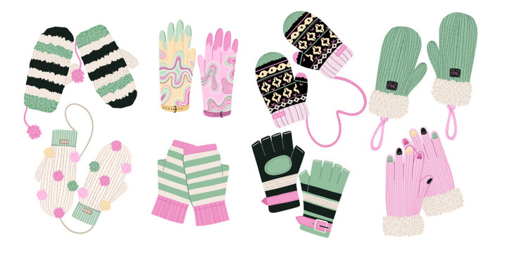 Colorful knitted winter mittens and gloves, vector collection isolated on white