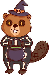 Happy beaver wearing halloween skeleton costume and witch hat holding cauldron with green potion © jenjira