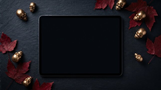 Digital tablet with blank screen and golden skulls flat lay