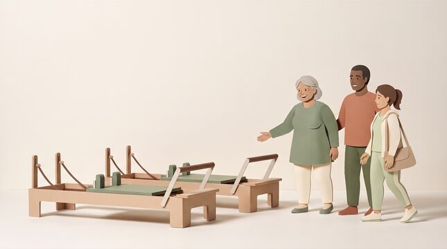 Paper illustration of a newcomer welcomed into a Pilates studio