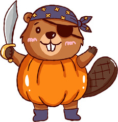 Happy beaver wearing halloween pirate pumpkin costume holding sword with eyepatch ready for holiday trick fun © jenjira
