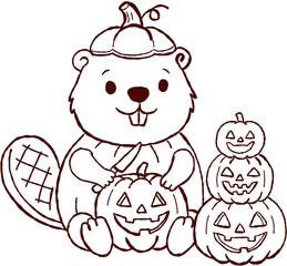 Happy beaver in halloween costume and pumpkin outline character carving spooky lantern with small knife line art page © jenjira