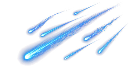 Blue meteor shower effect with glowing trails. Isolated shooting stars and comets on transparent background. Cosmic energy light streaks for digital design © Katya