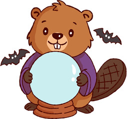 Cute happy halloween beaver wizard holding crystal ball with flying bat creating magic spell during spooky night © jenjira