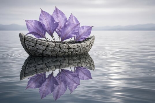 Barca di pietra surreale con grandi petali di clematide viola galleggiante su un lago calmo