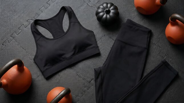 Black fitness apparel and kettlebells flat lay on mat