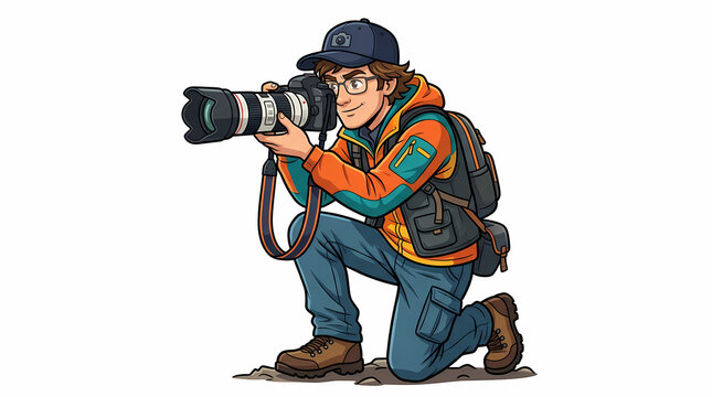 Cartoon photographer kneeling and taking a photo with dslr camera