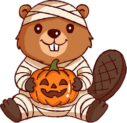 Naklejka premium Happy beaver wearing mummy costume holding halloween pumpkin lantern character brings cheerful festive atmosphere