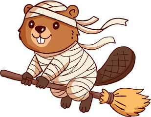 Happy halloween beaver mummy costume character flying on broom with cheerful smile for spooky autumn season fun © jenjira