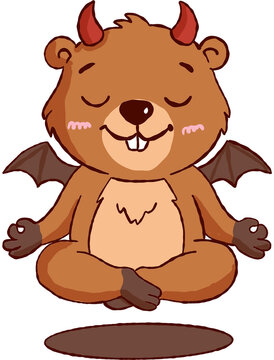 Cute halloween beaver with red devil horn and bat wing floating in peaceful yoga meditation pose with closed eyes
