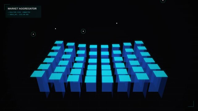 3D data visualization graph with blue glowing geometric pillars representing market aggregator metrics on dark futuristic digital screen
