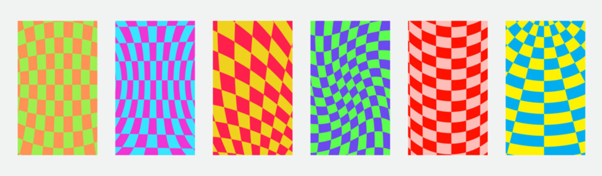 Set of colorful distorted checkerboard patterns with wavy optical illusion effects