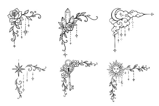 Hand drawn tarot corner ornaments feature celestial and floral sketches