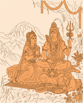 Lord Shiva and Parvati Hindu god Design Element. Sketch or Drawing of Shiva Parvati Outline Editable Vector Illustration