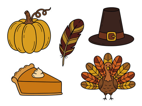 Set of hand drawn thanksgiving holiday elements including a pumpkin turkey pilgrim hat feather and pumpkin pie slice