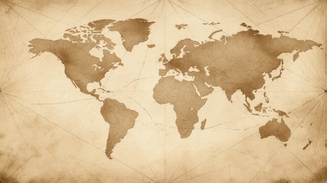 Vintage world map with aged texture and navigational lines