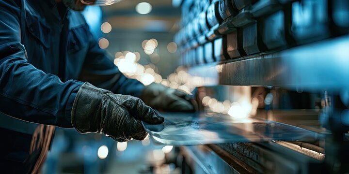 Worker in protective gear operates industrial machinery, bending metal with sparks flying