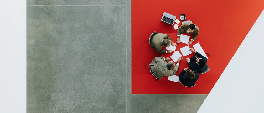Red meeting table with four colleagues collaborating over printed charts, featuring a textured concrete floor and copy space for corporate banners