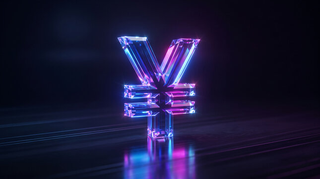 A glowing crystal yen symbol with blue and purple light reflections, representing finance, wealth, and digital currency on a dark, abstract background