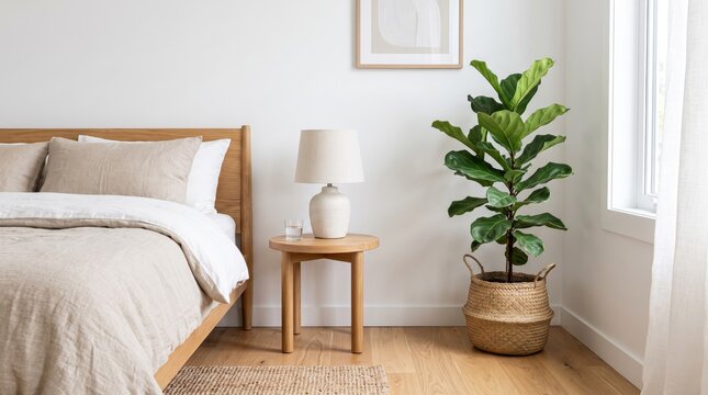 Cozy minimalist bedroom interior with wooden bed frame, linen bedding, side table lamp and potted fiddle leaf fig plant near window, scandinavian home decor design style