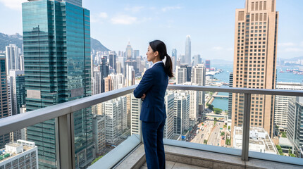 Fototapeta na wymiar A woman in a suit stands on a balcony, gazing at a cityscape symbolizing ambition, success, and opportunity in a modern urban environment.