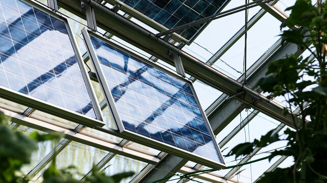 Solar panels integrated into a greenhouse roof system, providing renewable energy and promoting sustainable agriculture and green technology in modern farming