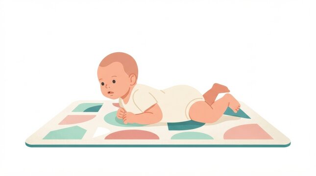 Infant engages in tummy time on a colorful playmat to strengthen muscles and support gross motor skills during the first year of life.