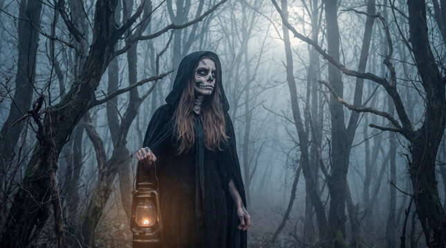 Una figura encapuchada con maquillaje de calavera sostiene un farol encendido en un bosque oscuro y brumoso. Una atm&oacute;sfera g&oacute;tica y misteriosa perfecta para Halloween o terror.