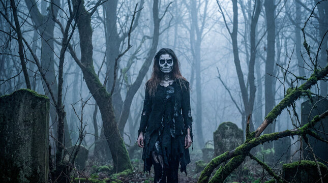 Una figura encapuchada con maquillaje de calavera sostiene un farol encendido en un bosque oscuro y brumoso. Una atm&oacute;sfera g&oacute;tica y misteriosa perfecta para Halloween o terror.