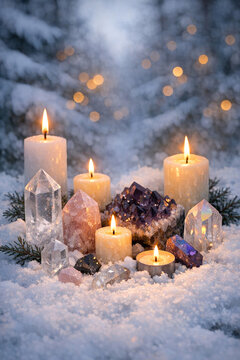 A serene winter solstice ceremony with candles and crystals.