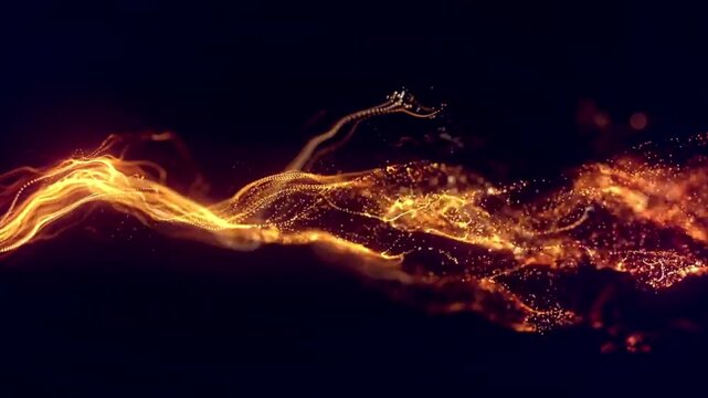 Abstract golden particle wave motion, flowing glowing light dust trail, luxury sparkling line, fire energy bokeh background, dark space, 4k video