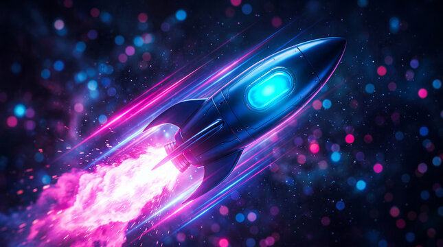 A sleek, metallic rocket blasts off through a cosmic scene, leaving a trail of pink and blue light, symbolizing speed, innovation, and exploration