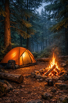 A tranquil forest camping scene featuring a tent, campfire, and picnic area. A serene escape from urban life.