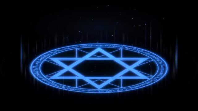 Blue Hexagram Magic Circle Summoning Ritual with Rune Ring Sequential Ignition on Black Background 4K
