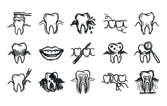 Dental cavity caries treatment and dentist checkup concepts with tartar calculus inspection mirror and smiling mouth black ink line art clipart pack