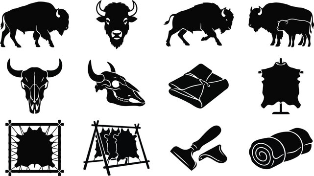 Bison and buffalo themed silhouette set featuring animals, skulls, leather hides, drying racks, and camping bedrolls for wilderness
