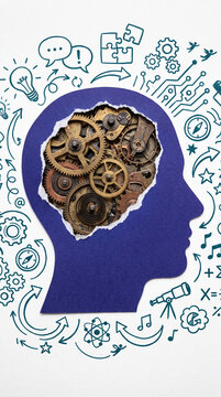 Silhouette of a head revealing intricate clockwork gears within, surrounded by sketched icons symbolizing ideas and knowledge, representing the mechanics of thought.