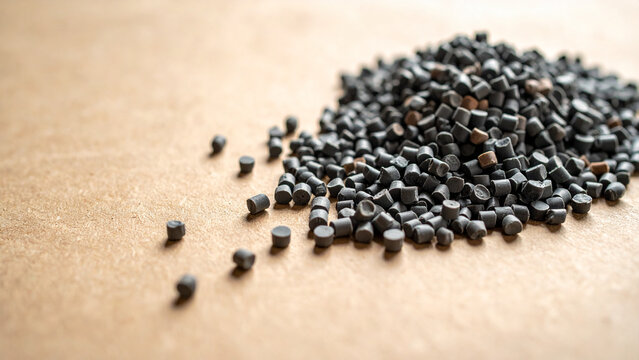 リサイクル素材をイメージした黒い樹脂ペレット 循環型社会とプラスチック原料