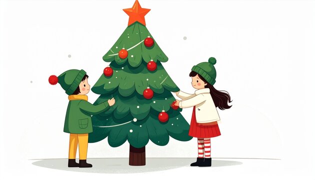 Children decorating snowy Christmas tree