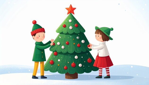 Children decorating snowy Christmas tree