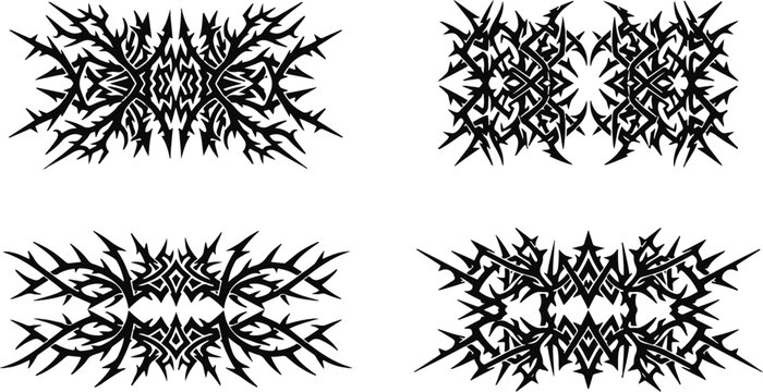 Collection of complex y2k aesthetic tribal motifs and abstract patterns with aesthetic abstract monochrome ornament geometry contrast interlace futuristic