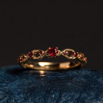 Elegant gold ring with red gemstones on a textured surface