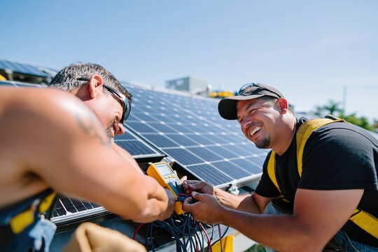 Solar panels on a rooftop being tested by two technicians, featuring gritty textures and precise wiring for renewable energy and installation campaigns
