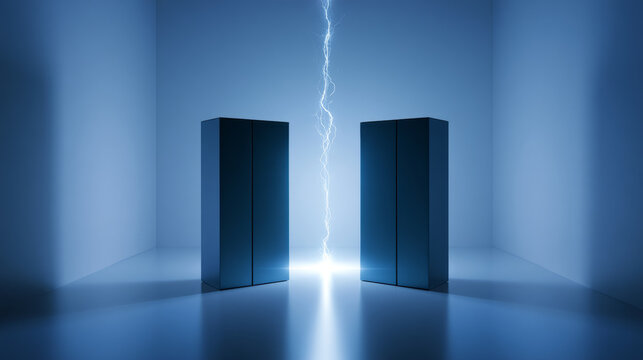 Two quantum computers linked by a glowing energy beam, symbolizing groundbreaking advancements in futuristic technology.
