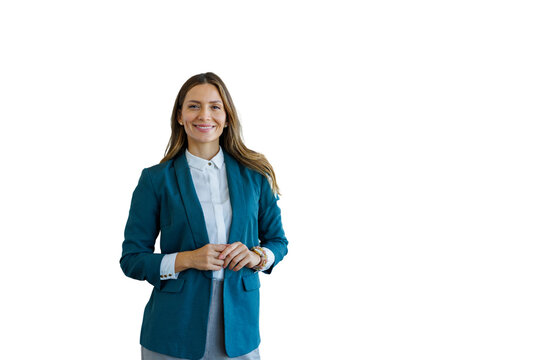 Professional businesswoman smiling confidently on transparent background