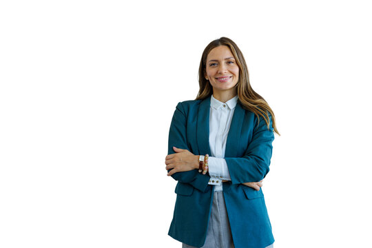 Confident businesswoman smiling with arms crossed on transparent background