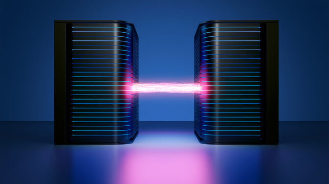 Two quantum computers linked by a glowing energy beam, symbolizing groundbreaking advancements in futuristic technology.