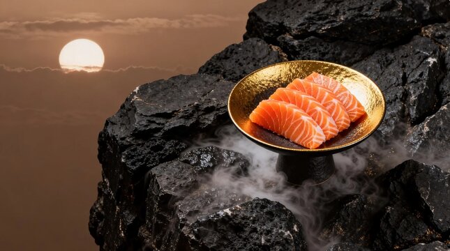 Elegant salmon sashimi in premium ceramic vessel with detailed rock texture and luxury food styling