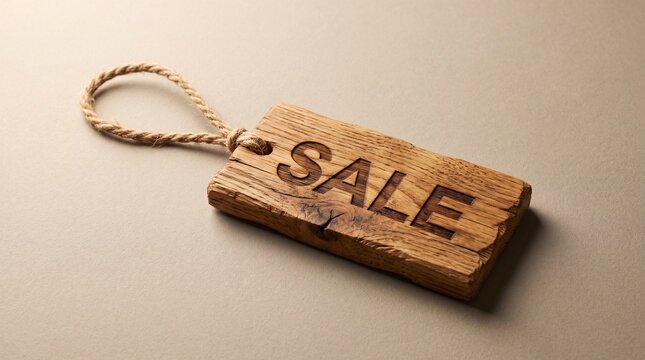 Rustic Wooden Sale Tag with Discount Message and Natural Texture for Retail Promotion